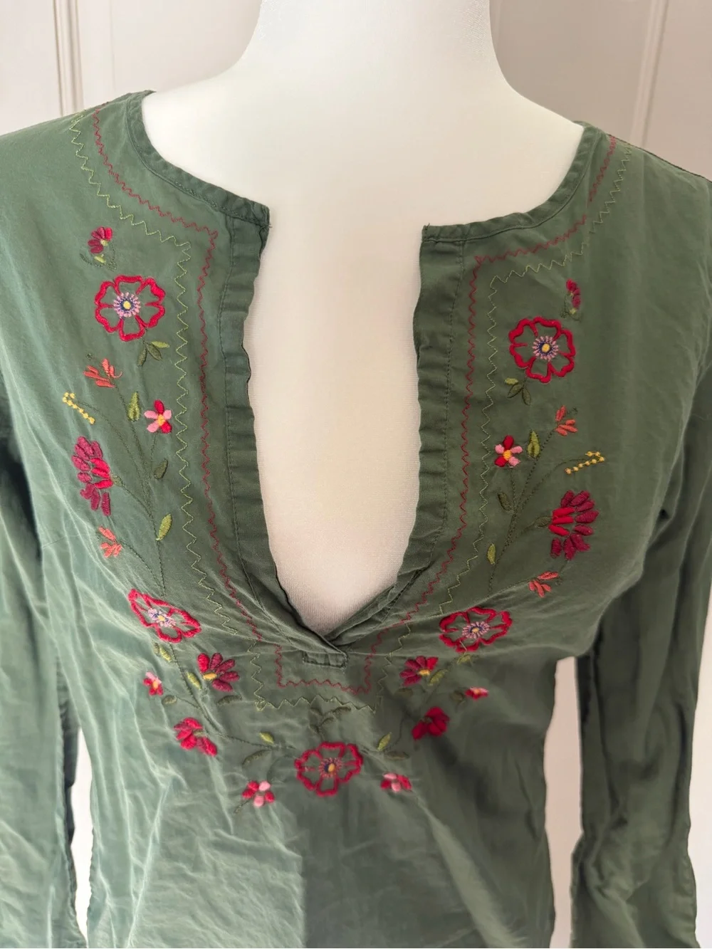 Abercrombie & Fitch Olive Green V-Neck Tunic with Red Floral Embroidery - Picture 2 of 4